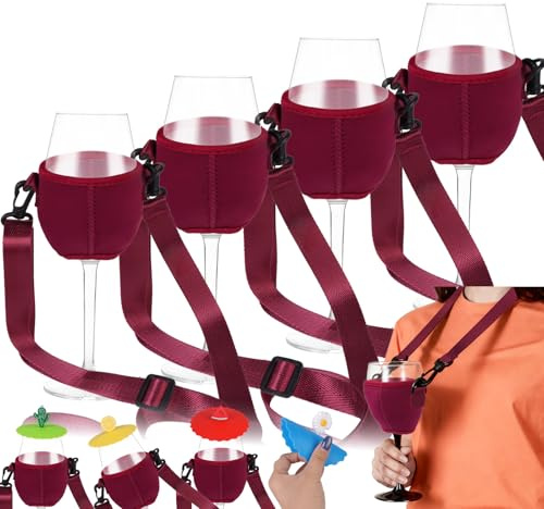 CxutSa 4 Piezas Soportes Copas de Vino Cuello Burdeos Soporte Portátil para Copas de Vino Colgante Ajustable para Cumpleaños Boda Navidad Fiesta y Picnics