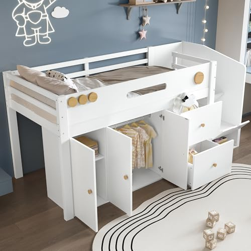 TOBIDOEN Holzbett Kinderbett 90x200 cm Halbhochbett, Viel Stauraum, Stauraumtreppe, Stauraumschrank + Kleiderschrank + 2 Schubladen, Kiefer Bettgestell und Absturzsicherung, Weiß + Natur