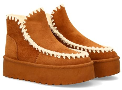 96643 Botin de Mujer Australiano con Plataforma, Ideal dias frios Temporada Otono Invierno. Forrado Borreguillo, Costuras Gruesas Decorativas, Diseno Artesanal. Camel Talla 38