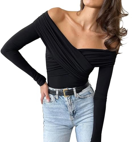 Feclmiyt Womens Sexy Off The Shoulder Tops Y2k Long Sleeve V Neck Skinny Bardot Tops Elegant Going Out Tunic T Shirts Streetwear (Black, L)