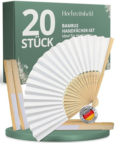 HOCHZEITSHELD Fächer Hochzeit 20 Stück - Elegante Bambus Fächer zur Erfrischung der Gäste - Handfächer Hochzeit als Hochzeitsdeko & Standesamt Deko, Klappfächer Hochzeit als Deko Hochzeit Gastgeschenk