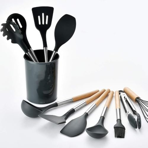 OIFAODAO, Ensemble d'ustensiles de Cuisine en Silicone avec Support – 11 pièces Manche Bois, ustensiles antiadhésifs, lavables au Lave-Vaisselle, Ensembles Noirs,Cuillère de Cuisine