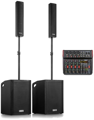 Vonyx VX1080BT 1250W Complete PA System with Dual 15” Subwoofers, Column Line Array Speakers, 8-Channel Bluetooth Mixer, and 3m RCA to Jack Cable – Perfect for Bands, DJs, Events, and Venues