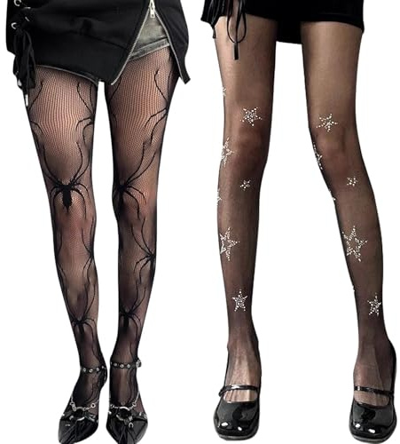 ZXTGBQ 2 Pcs Aushöhlen Fishnet Strumpfhosen Damen, Spinnen Muster Strumpfhose für Frauen, Glitzernde Strass Strumpfhosen für Cosplay Halloween Partys