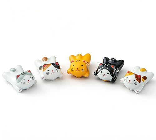 5-Pack Naughty Super Flying Cat Ceramic Chopstick Rests, Oriental Japanese Grocery Animal Series, Desktop Decor Utensil Holders