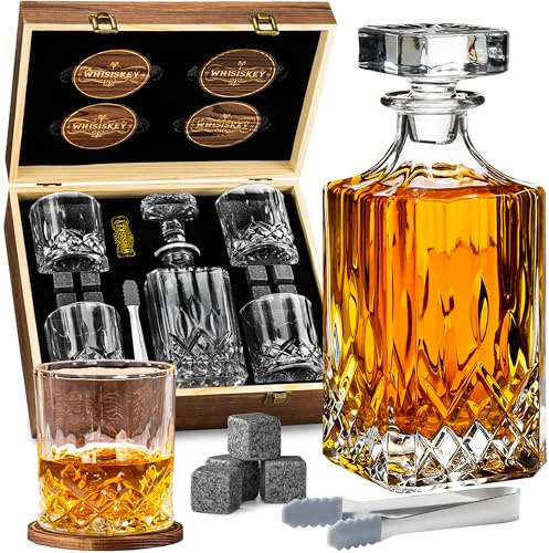WHISISKEY - Whiskey Decanter Set - 700ML Classic Carafe - Whiskey Gift Sets for Men - Whisky Set - Glass Gifts for Men - Inc. 4 Whiskey Glasses, 8 Whiskey Stones, Accessories