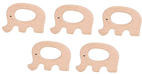 Phefop 5 Stück Beißring aus Holz, Beißring aus Naturbuche für Kleinkinder, Niedliche Elefantenform Zur Beruhigung und Spielzeit des Babys (Elefant)