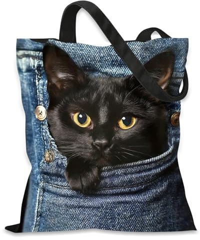 Leseogye Katze Canvas Tasche, Schwarzer Kater in Jeans-Tasche Motiv, Beidseitig Bedruckte Stofftasche Tote Bag, Große Einkaufstasche & Alltagsbegleiter 40x38 cm