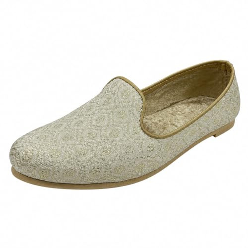 Men’s Cream Gold Embroidered Ethnic Slip-On Wedding Punjabi Jutti Handmade Mojari Party Shoes