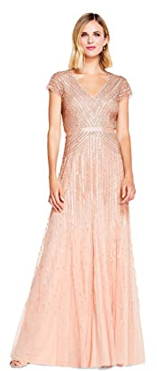 Adrianna Papell Robe Longue Perlée Col en V avec Manches Courtes et Taille Robe Femme