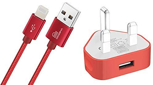 AMO USB Charger Plug UK, USB Plug Adapter Data Cable 1 Meter Compatible For iiPhones 5 5S 5C SE 7 8 X XS XR 11 12 13 14 i Pad i Pod Air Pods (Red 1Amp)