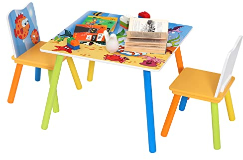 WOLTU Kindertisch mit 2 Stühlen, Tisch und Stühle Set für Kinder, abgerundete Ecken sicher, Kindersitzgruppe mit Meer-Motiv für Vorschüler Kinderzimmer Kindergarten