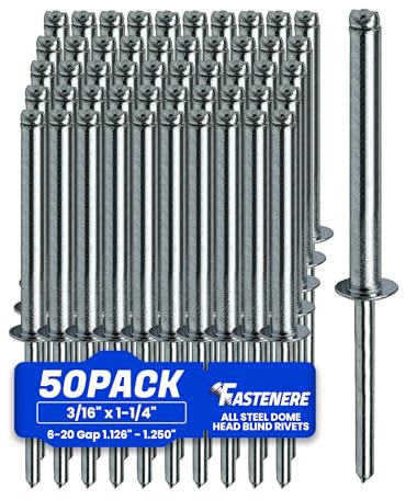 Fastenere Pop Rivets 3/16 x 1-1/4 (50 pcs) Aluminum Body Steel Mandrel, Heavy Duty, Open End, Low Carbon, Dome Head Blind Rivets, Corrosion Resistant & High Shear Strength, 6-20 Gap 1.126 - 1.250