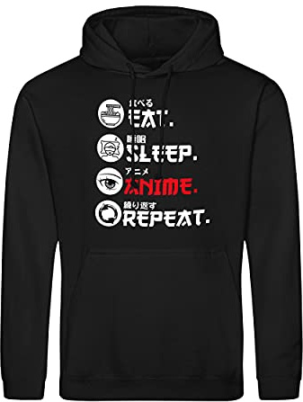 Eat Sleep Anime Repeat Unisex Svart Hoodie Size L