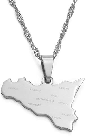 Collier Pendentif Carte Italie - Sicile Nom De La Ville Pays Contour Bijoux Hip-Hop, Charme De Mode De Polissage Chaîne Ethnique, Cadeaux Patriotiques Pour Femmes/Filles/Hommes Unisexe, Argent,