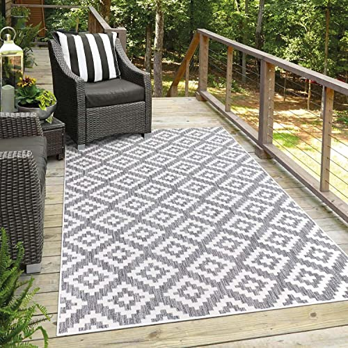 carpet city Teppich Outdoor Wetterfest - Grau - 60x110 cm - Rauten-Optik - Balkon Teppich Wasserabweisend - In-& Outdoor Teppiche für Terrasse, Garten, Küche, Bad oder Wohnzimmer
