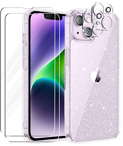 Tikgue Coque Compatible avec iPhone 14, 2 Pièces Verre Trempé Protection Écran & 2 Pièces Protecteur de Caméra, Housse Transparente à Paillettes en Silicone Souple Glitter Étui TPU Case Cover
