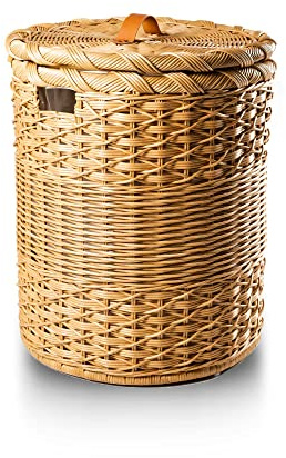 The Basket Lady Round Wicker Laundry Hamper, Large, 19 in Dia x 25 in H, Sandstone