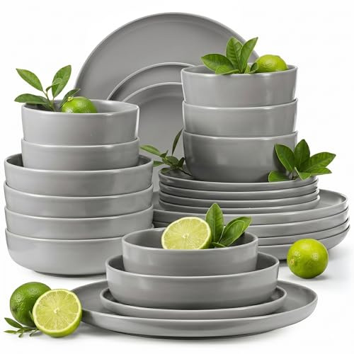 Konsimo. Geschirrset 6 Personen - VICTO Teller Set Modern 24 Teilig - Tafelservice & Geschirrsets - Kombiservice 6 Personen - Steingut Service für Familie - Geschirr Grau - Plates - Essgeschirr