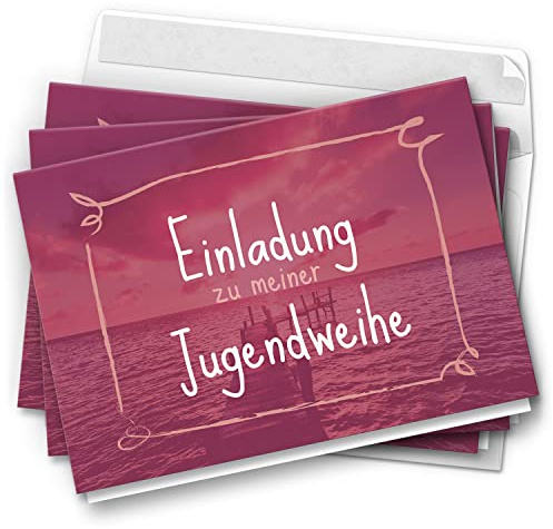 10 Jugendweihe Einladungskarten Mädchen - Motiv Lila Meer - moderne Einladungen Klappkarten mit Umschlägen