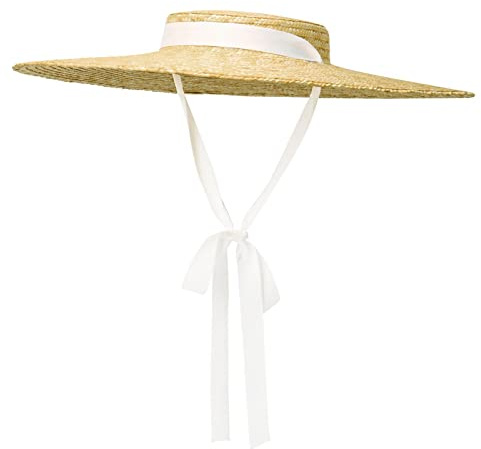Sonnenhut Strohhut Hut Vintage Strohhut Mit Großer Krempe Für Frauen, Flache Oberseite, Sommer, Strandkappe, Flache Krone, Bootsfahrer, Sonnenhüte, Schleife, Weidenhut, 50 Cm Durchmesser, Weiß