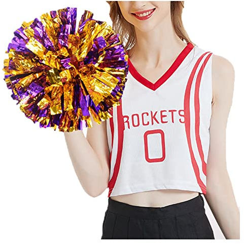 SHTGOI 2 pompon da cheerleading pom poms con anello cheerleader, fiori a mano, per eventi sportivi, giochi a palla, balli, feste di carnevale, viola + oro