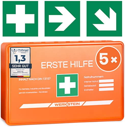 5x Erste Hilfe Verbandskasten inkl. Wandhalterung [DIN 13157:2021] | Erste Hilfe Kasten für Betrieb, Büro & Zuhause - Erste Hilfe Koffer - Verbandsmaterial - Notfallbox - First Aid Bag