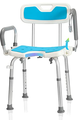 Herrselsam Comodo sedile doccia regolabile in altezza, sedia da doccia con schienale e braccioli rimovibili, antiscivolo, per vasca da bagno, per anziani, montaggio senza attrezzi