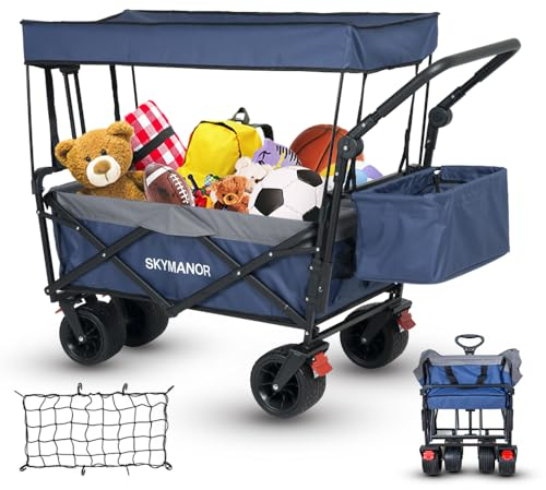 SKYMANOR 3-in-1 Faltbarer Gartenwagen mit Baldachin für Kinder und Fracht, EZ Faltbarer Outdoor-Kinderwagen mit verstellbarem Lenker, All-Terrain-Räder, 136 kg, 2 Getränkehalter, Sicherheitsgurt, Blau