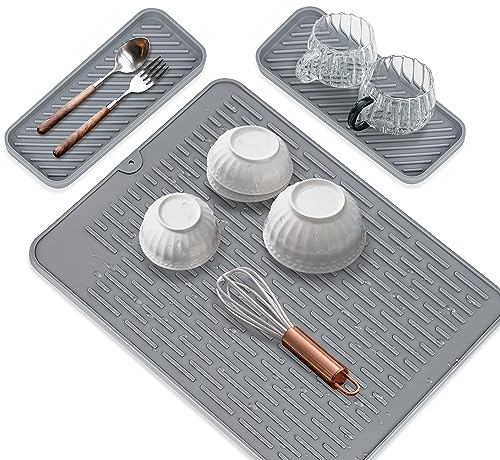 Tendak Abtropfmatte aus Silikon - 40 cm x 30 cm Umweltfreundlich, Hitzebeständig und rutschfest Abtropfmatte Geschirr, mit 2 x Klein Abtropfmatte Für die Ablage von Besteck und Geschirr Abtropfmatte