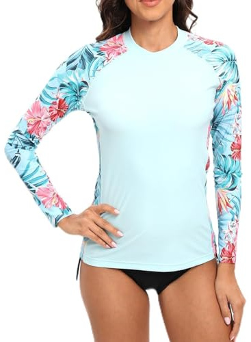 SURFEASY Womens Rash Vest Long Sleeve Ladies Sun Protection Swim Shirt Rash Guard Tops Swimsuit (Light Blue Floral,M)