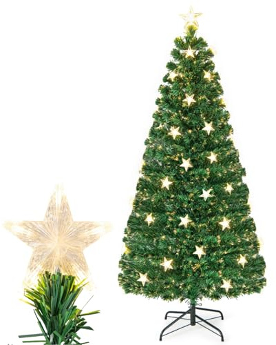GYMAX 5 FT/6 FT Fiber Optic Artificial Christmas Tree, Pre-lit Xmas Tree with 180/230 Branch Tips, 21/30 Warm White Star Lights and 8 Lighting Modes, Holiday Decor Tree for Home Office Holiday (6FT)