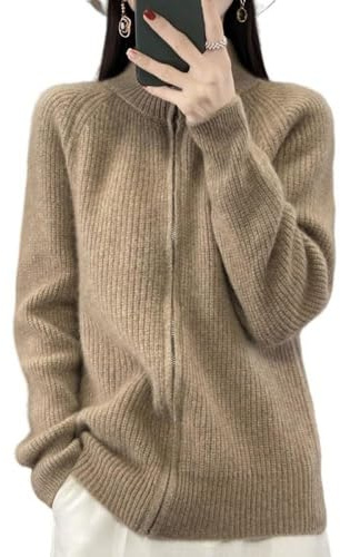 LIROMA Strickjacke Aus Merinowolle Für Damen - Braun - Klassisch - Langarm - Winter - M - Mit Reißverschluss - Cardigan - Damen, Winter - Strickjacke