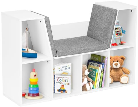 HOMASIS Librería Infantil con Cojines, Estantería para niños, portalibros y portajuegos de Madera, Estantería Almacenamiento con Banco para Dormitorio, habitación Infantil, 103x30x63cm (Blanco)
