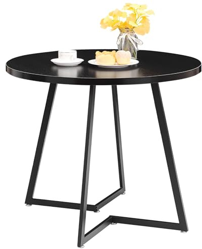 VECELO Round Dining Room Table with Wood Grain Tabletop and Steel Frame, for Kitchen, Living Room, Office, Conference, 2 to 4 Person, Wood-Grain Black
