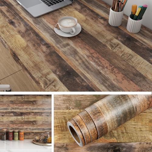 Livelynine Papier Peint Adhesif Mural Imitation Bois 40CMx10M Papier Peint Autocollant pour Plan de Travail Cuisine Bois Marron Credence Adhesive pour Cuisine Revetement Adhesif Meuble Tête Lit