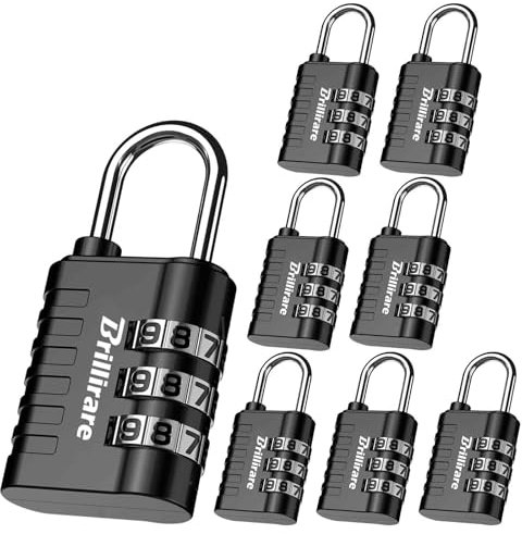 Brillirare 8 Pack Combination Lock, 3-Digit Waterproof Keyless Padlock, Zinc Alloy Outdoor Resettable Travel Luggage Locks for Backpack, Gym Locker, Hasp, Fence, Gate, Case, Toolbox-Black