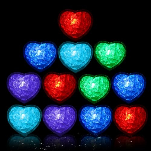 Viitech 12 Pcs Heart LED Ice Cubes, Reusable Multi Color Slow Flashing Light Up Ice Cubes, LED Ice Cubes Liquid Sensor Water Activated Glowing for Party Christmas Wedding Decoration Gift (Quick Flash)