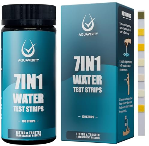 AQUAVERITY Strisce di prova per spa, 100 strisce reattive per piscina, spa per alcalinità totale, durezza, cloro libero, bromo, pH, acido cianurico e cloro totale, kit di test 7 IN 1 POOL