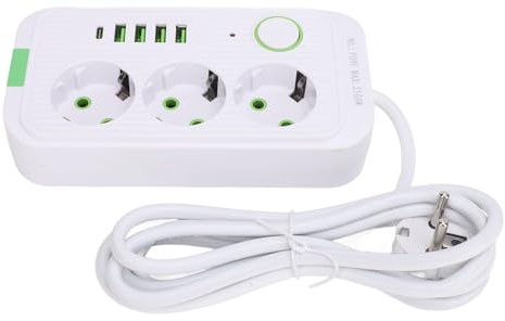 Regleta Europea 8 en 1 con 3 Salidas y 4 Puertos USB A 1 Puerto USB C Montaje en Pared con Cable 2 M Enchufe 110-250V (White)