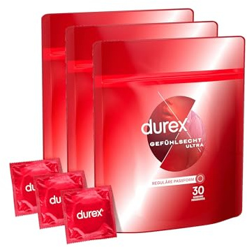 Durex Gefühlsecht Ultra Kondome – Extra dünne Spitze & mit Silikongleitgel befeuchtet – 90er Pack (3 x 30 Stück)