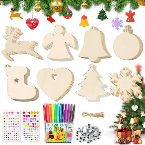 80 Pcs Adornos Navidad Madera, Colgantes de Madera para Navidad, Juego de Manualidades para Pintar de Madera, Christmas Tree Decorations, Adornos de Navidad Madera para Decoración de árbol de Navidad
