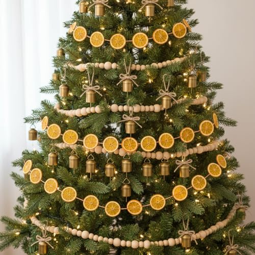 Dingion Christmas Garland Decorations 13 Ft Dried Orange Slice Garland 20 Ft Wooden Bead Garland with 24 Pcs Xmas Metal Bells and 16.4 Ft Twine String for Christmas Tree Mantle Fireplace Home