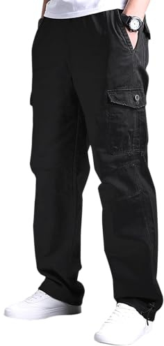 YAOBAOLE - Pantaloni cargo da uomo, con vita elastica, stile lavoro casual, con molte tasche, per esterni, stile militare, da caccia, Nero , XL