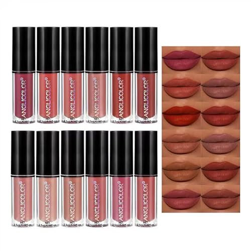 Anglicolor 12PCS Rossetto Lunga Durata Set,Ttazza Antiaderente Vellutata,Kit Lucidalabbra Opaco,Regalo per Cosmetici a Lunga Durata Impermeabile (B, 2.5ml*12)