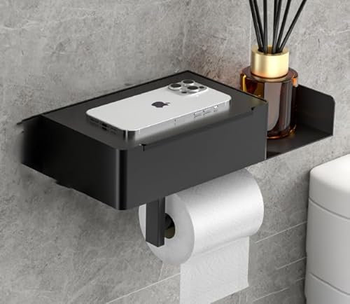 Stainless Steel Toilet Paper Holder Black - Multifunction Toilet Paper Holder with Wet Wipes Box Toilet Roll Holder, Self-Adhesive, No Drilling, Includes Wet Wipes Box, for Toilet & Bathroom