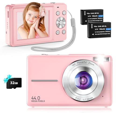 Cámara Digital Cámara De Fotos Compacta De 44MP con Video HD 1080P, Tarjeta De 32GB, Baterías Duales, Anti-Vibración para Niños, Adolescentes y Principiantes Rosa