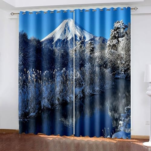 Mesnt Blickdichte Gardinen mit Schlaufen, 107x229cm Blau Grau Weiß Winterbergwald und Fluss Thermovorhang Kälteschutz Blickdicht, Schallschutz Vorhang Schlafzimmer