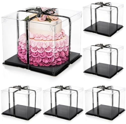 Cididu 6 Pack Large Clear Cake Box with Ribbon, Tall Cake Box Carrier 30.5x30.5x25.5 cm, Tiered Transparent Cake Packaging Boxes with Lid, PET Clear Gift Containers for Birthday Wedding Party