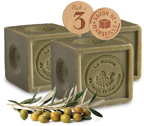 Savon de Marseille Solide en Cube 3x300g - Véritable Savon de Marseille 72% d'Huiles - Sans Glycérine, 100% Naturel - Huile d'Olive & Coprah - Cuit au Chaudron en Provence - Pour Corps & Visage